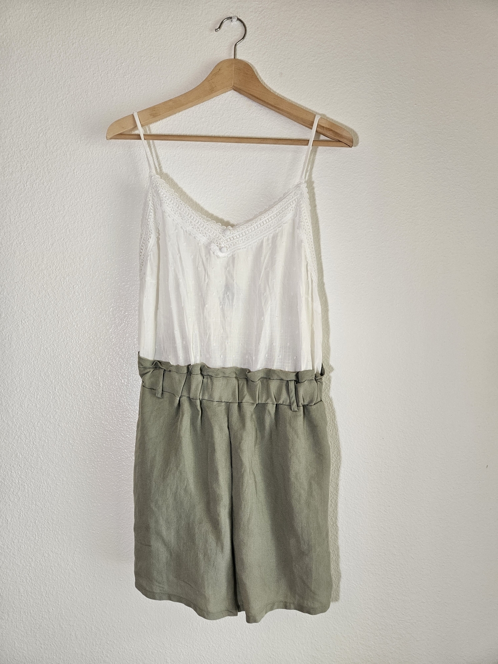 Sweet Wanderer Olive and White Linen Romper with Lace Cami Bodice